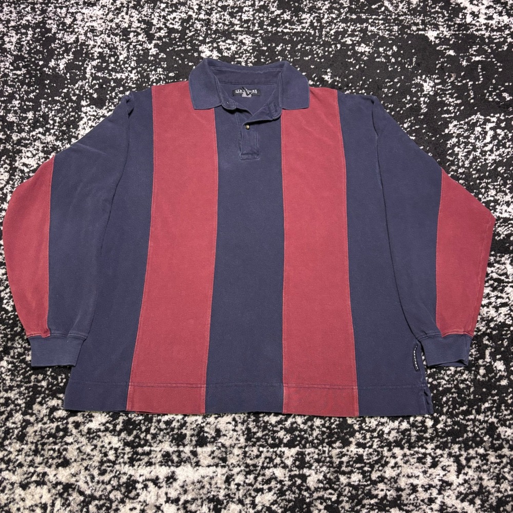 Structure Mens Vintage Preppy Long Sleeve Polo Shirt Navy Burgundy Stripe M